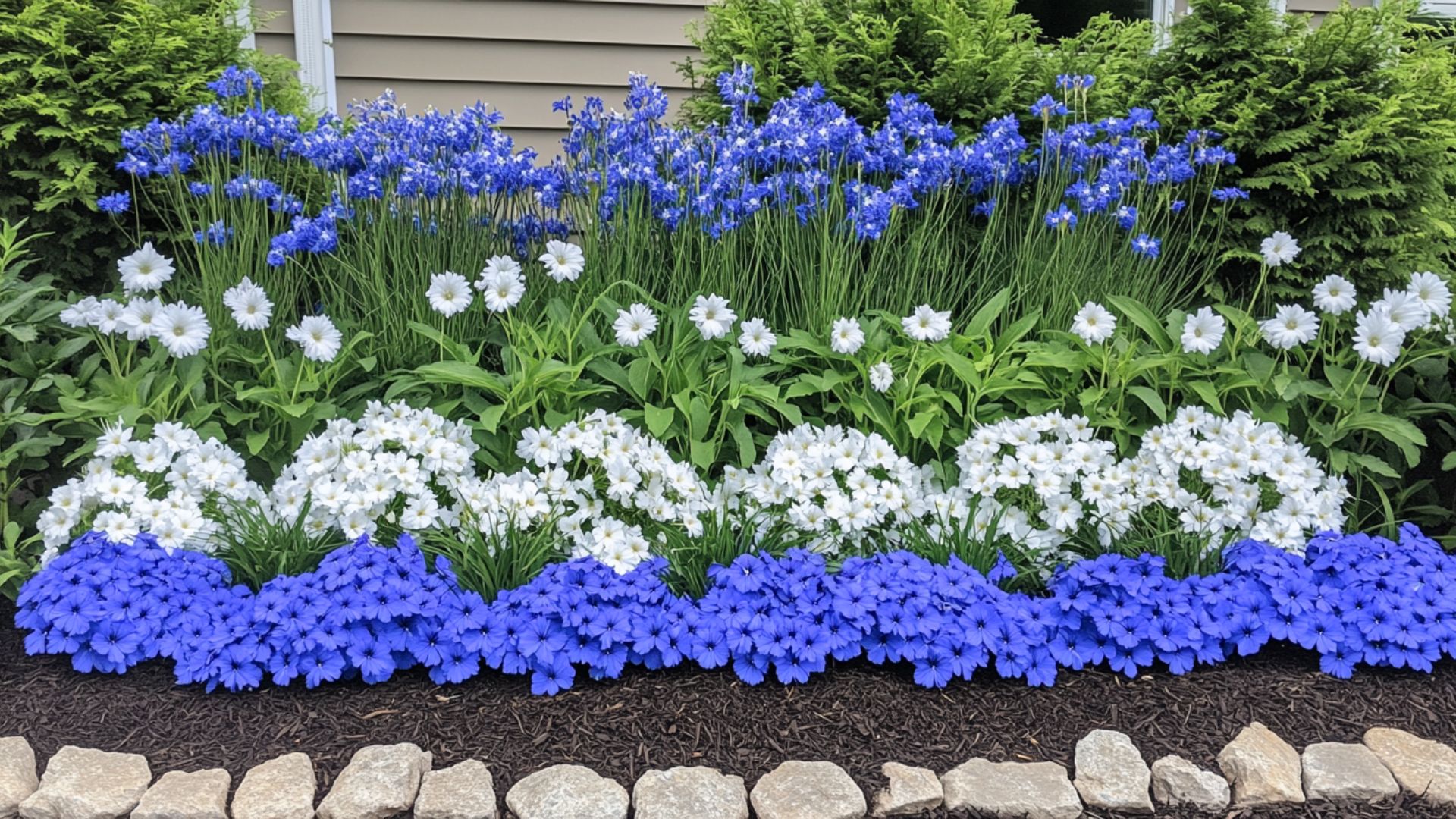 Composition paysagère fleurs bleues blanches massif jardin