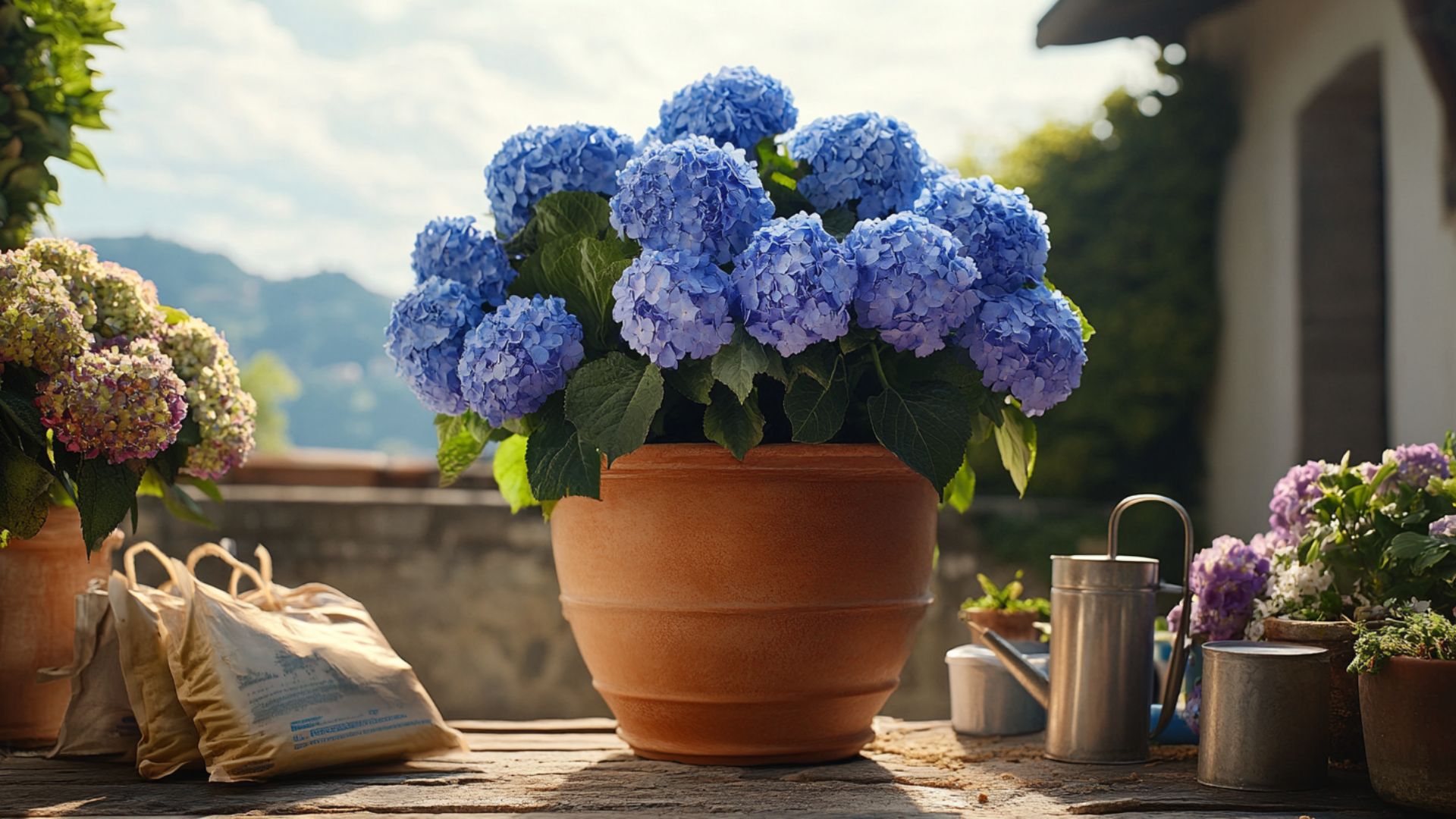 Hortensia bleu macrophylla pot terre bruyère