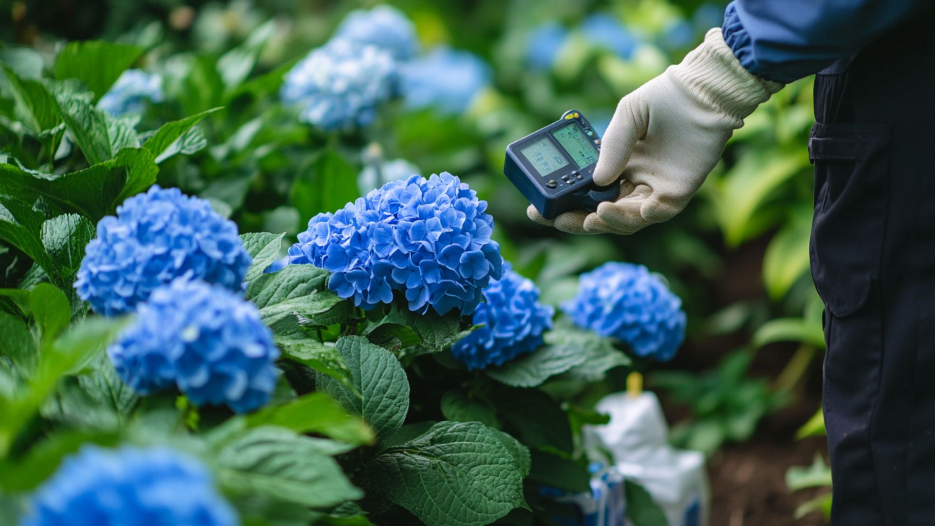 Jardinier testant pH sol avec appareil mesure