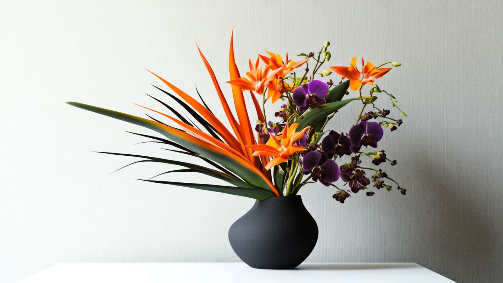 Composition florale moderne et graphique avec des fleurs exotiques pour une grand-mère branchée