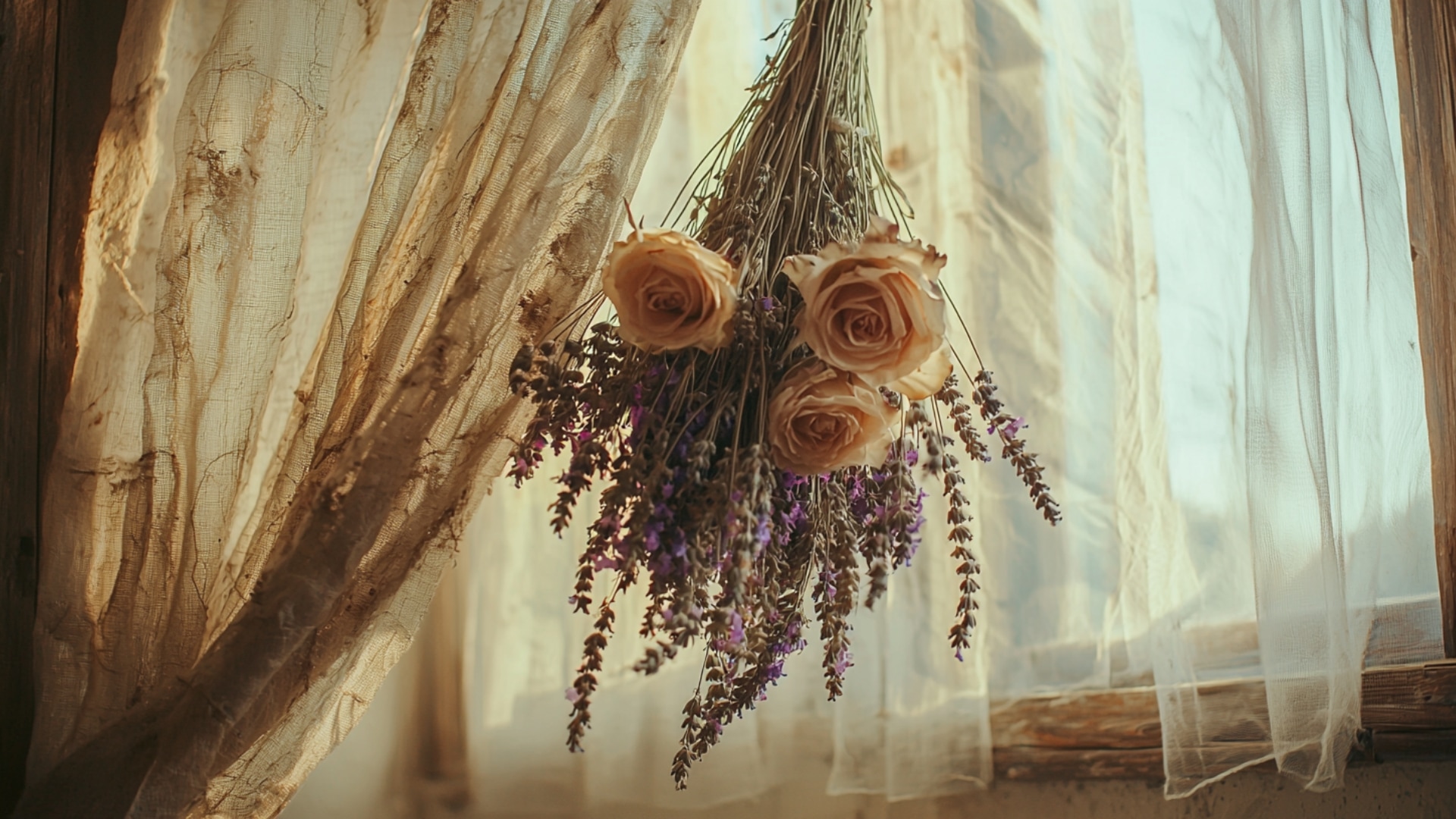 Bouquet de fleurs séchées suspendu dans un intérieur bohème